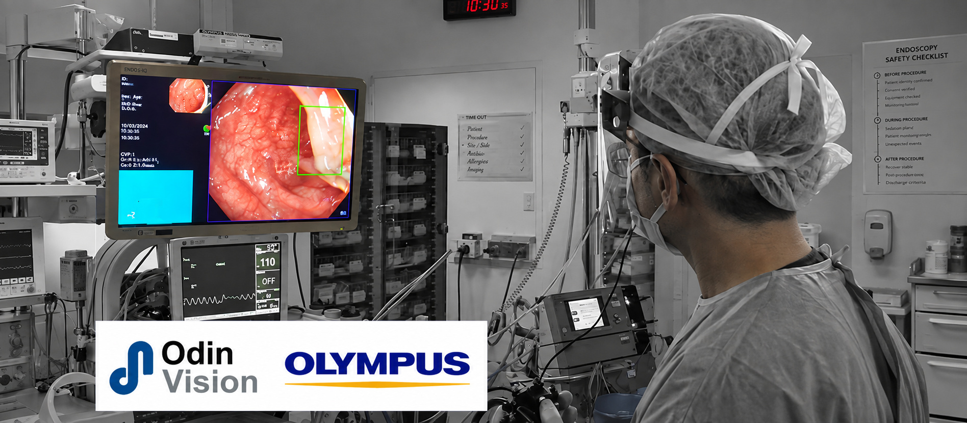Clinician watching an endoscopy monitor with a highlighted detection box, with Odin Vision and Olympus logos